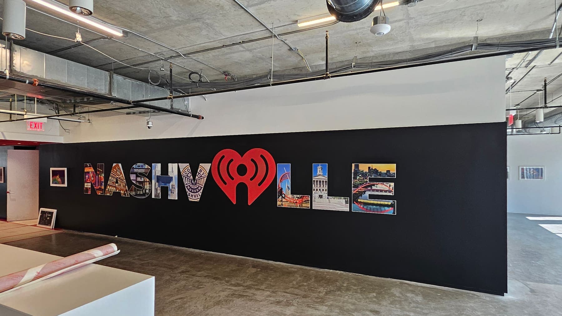 Nashville letter wall with photo-filled dimensional letters and iHeart logo